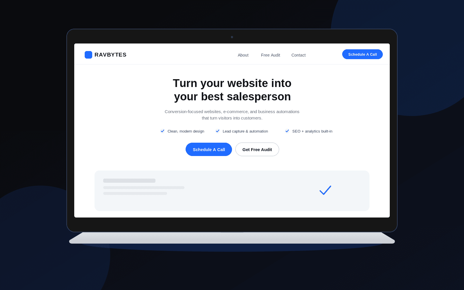 Laptop mockup of the Ravbytes website homepage showing the conversion-focused design